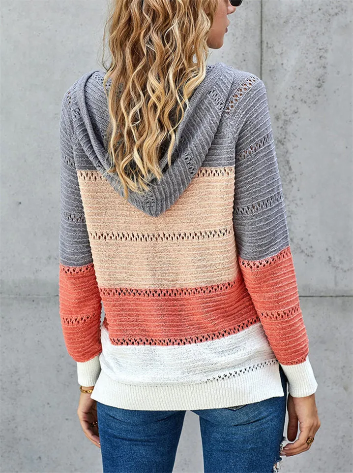Color Block Hooded Sweater With Ajustable Drawstring