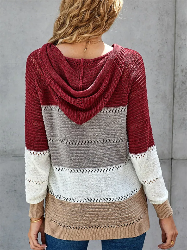 Color Block Hooded Sweater With Ajustable Drawstring
