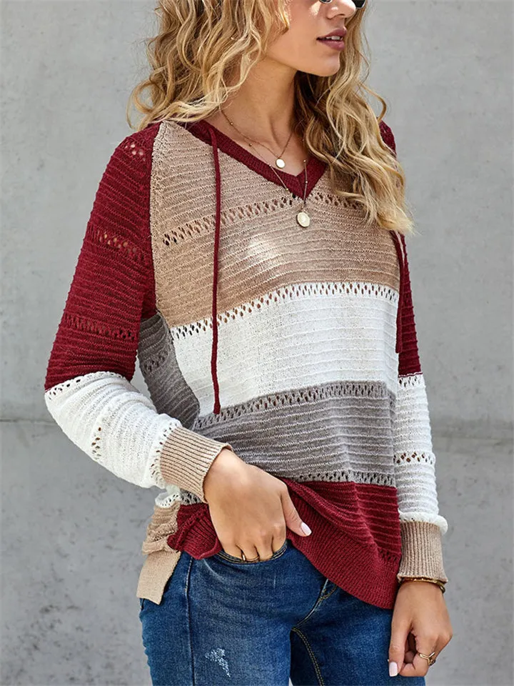 Color Block Hooded Sweater With Ajustable Drawstring