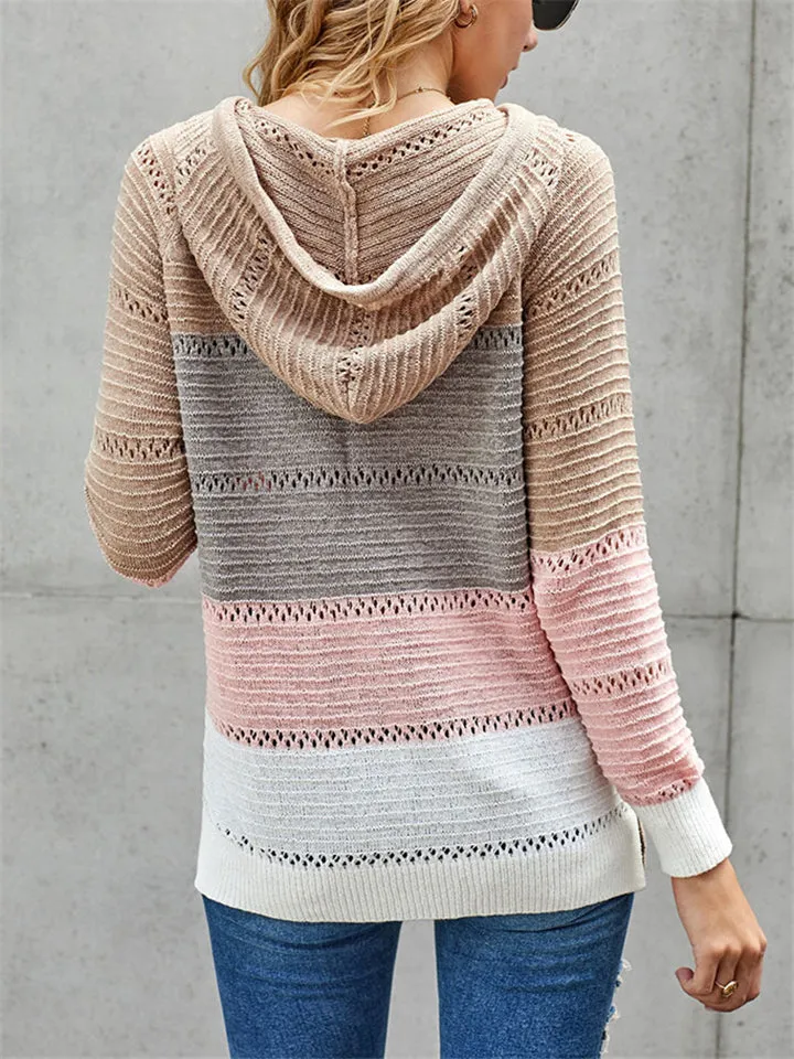 Color Block Hooded Sweater With Ajustable Drawstring