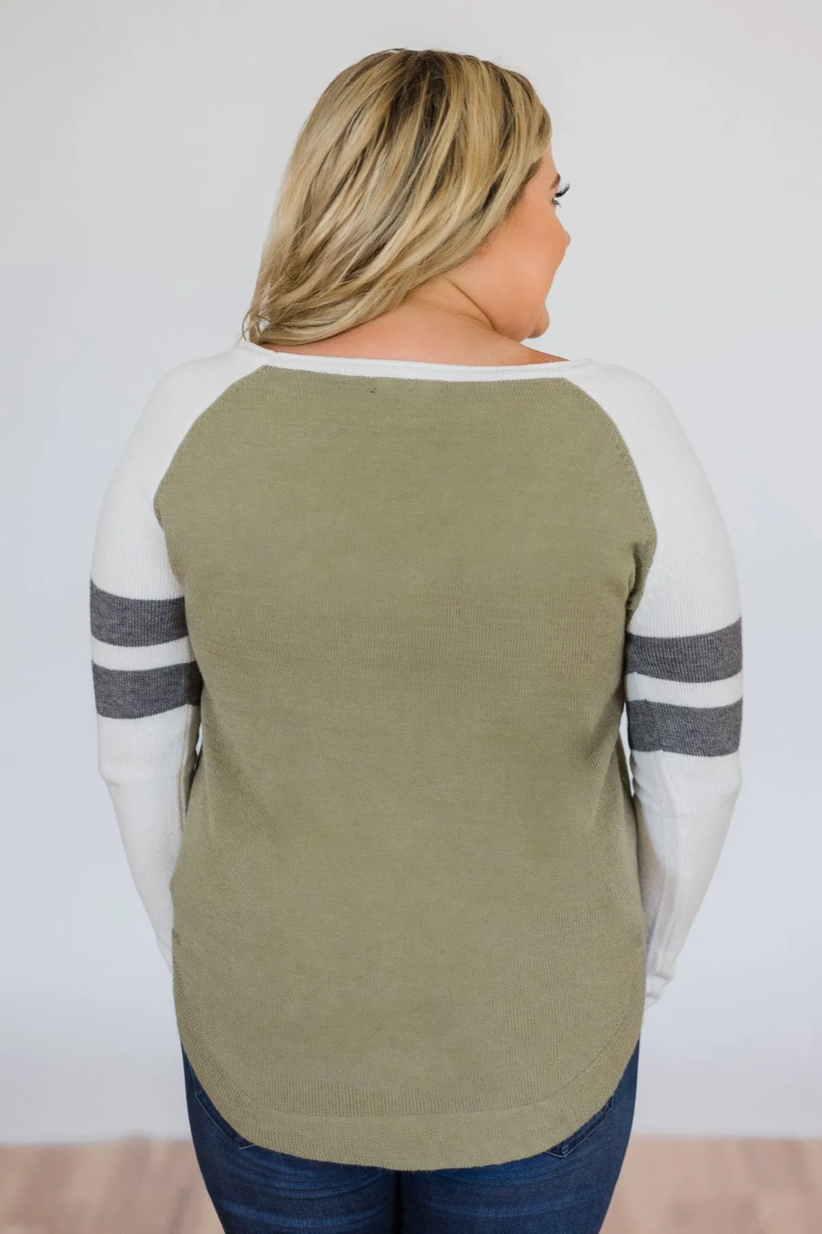 Comfy Color Block Pullover Sweater- Dark Sage
