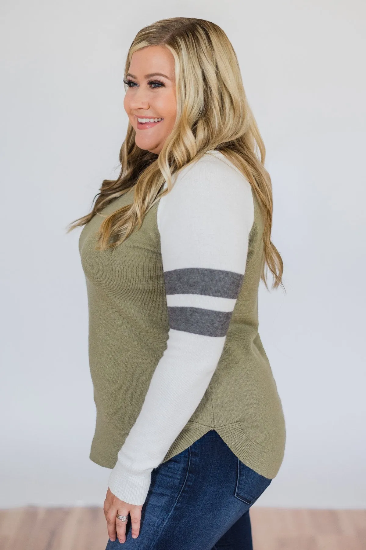 Comfy Color Block Pullover Sweater- Dark Sage