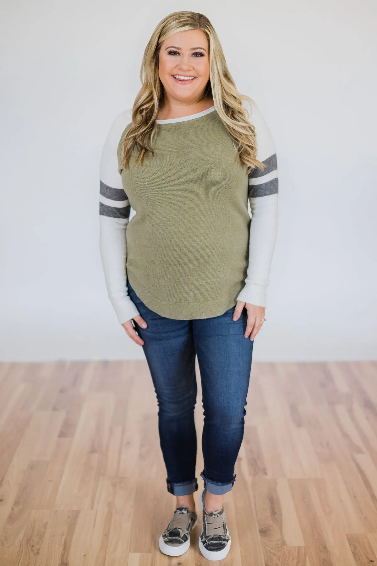 Comfy Color Block Pullover Sweater- Dark Sage