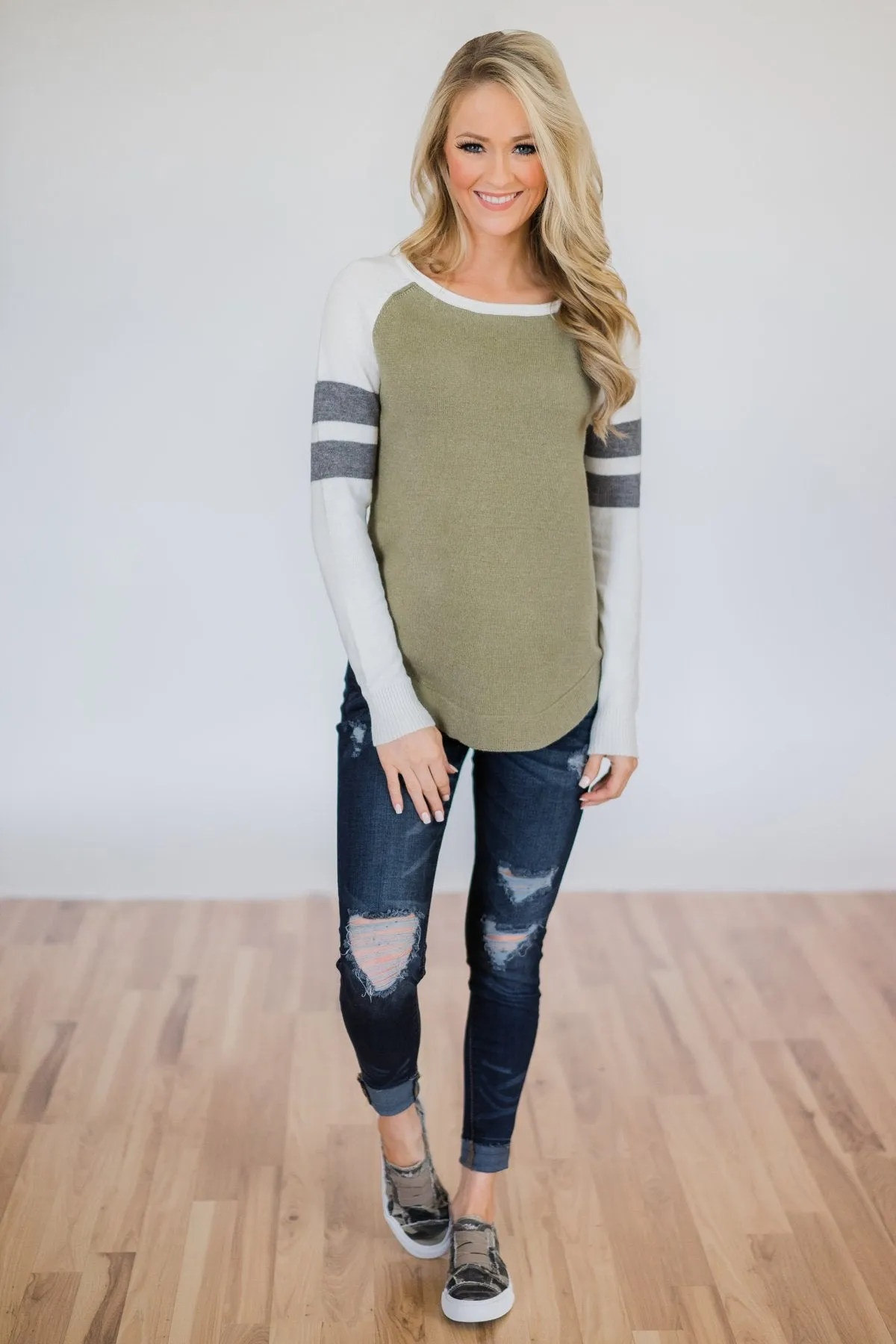 Comfy Color Block Pullover Sweater- Dark Sage