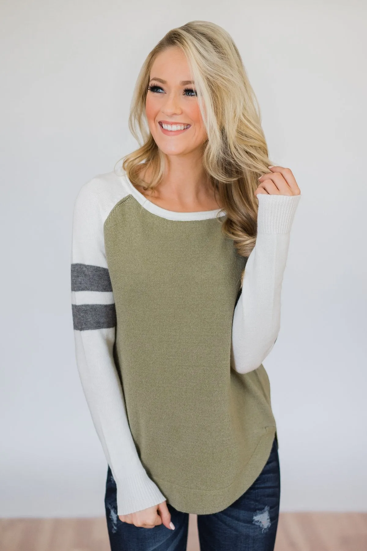 Comfy Color Block Pullover Sweater- Dark Sage