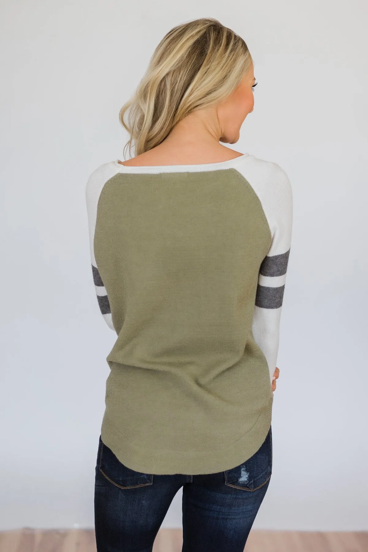 Comfy Color Block Pullover Sweater- Dark Sage