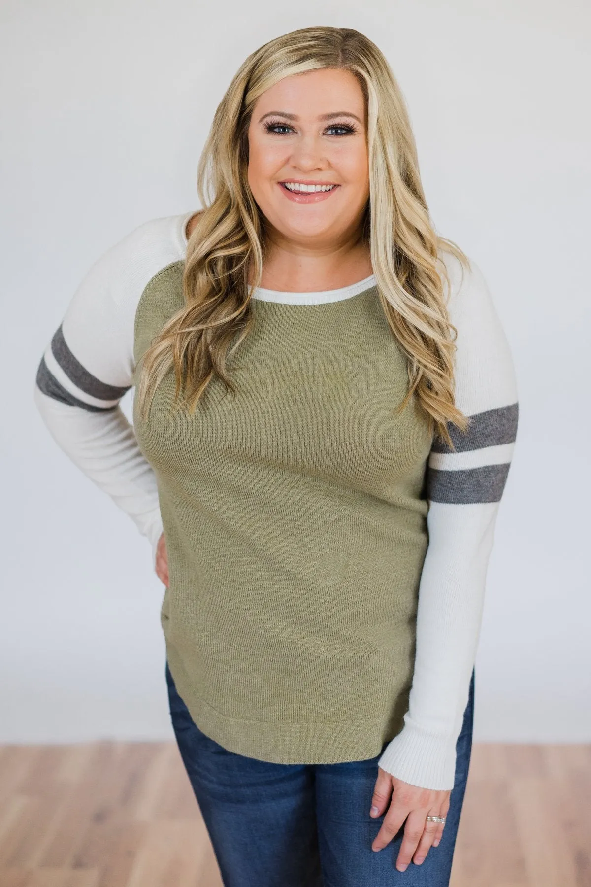 Comfy Color Block Pullover Sweater- Dark Sage
