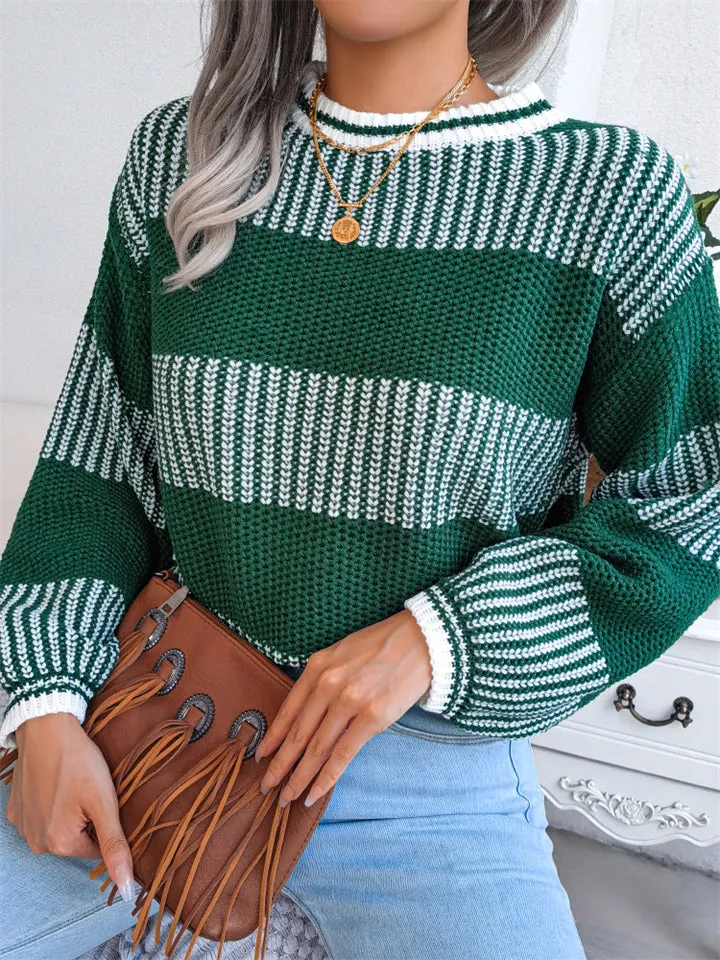 Comfy Contrast Color Leisure Long Sleeve Ladies Knitted Sweaters