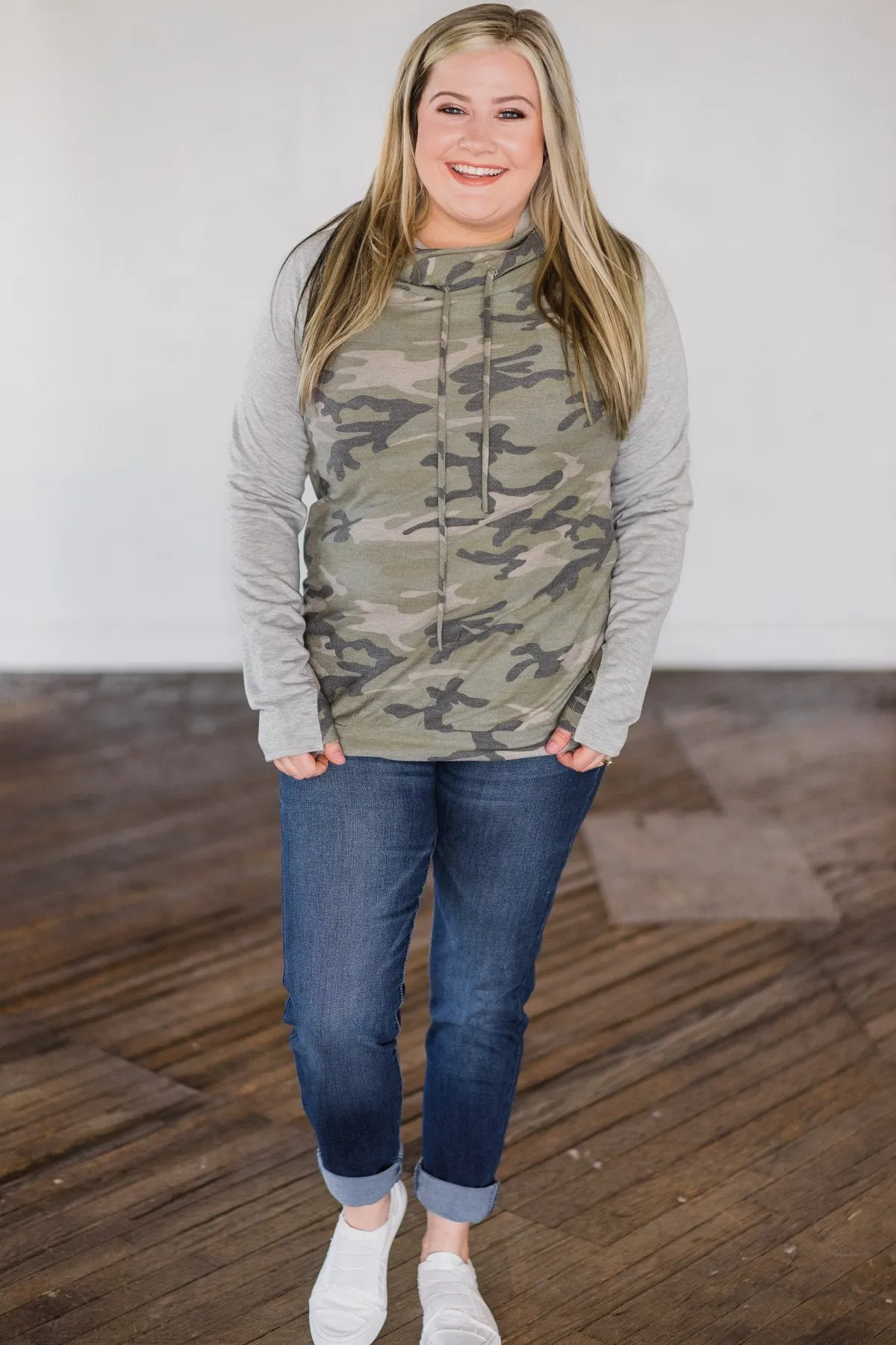 Comfy in Camo Cowl Neck Top