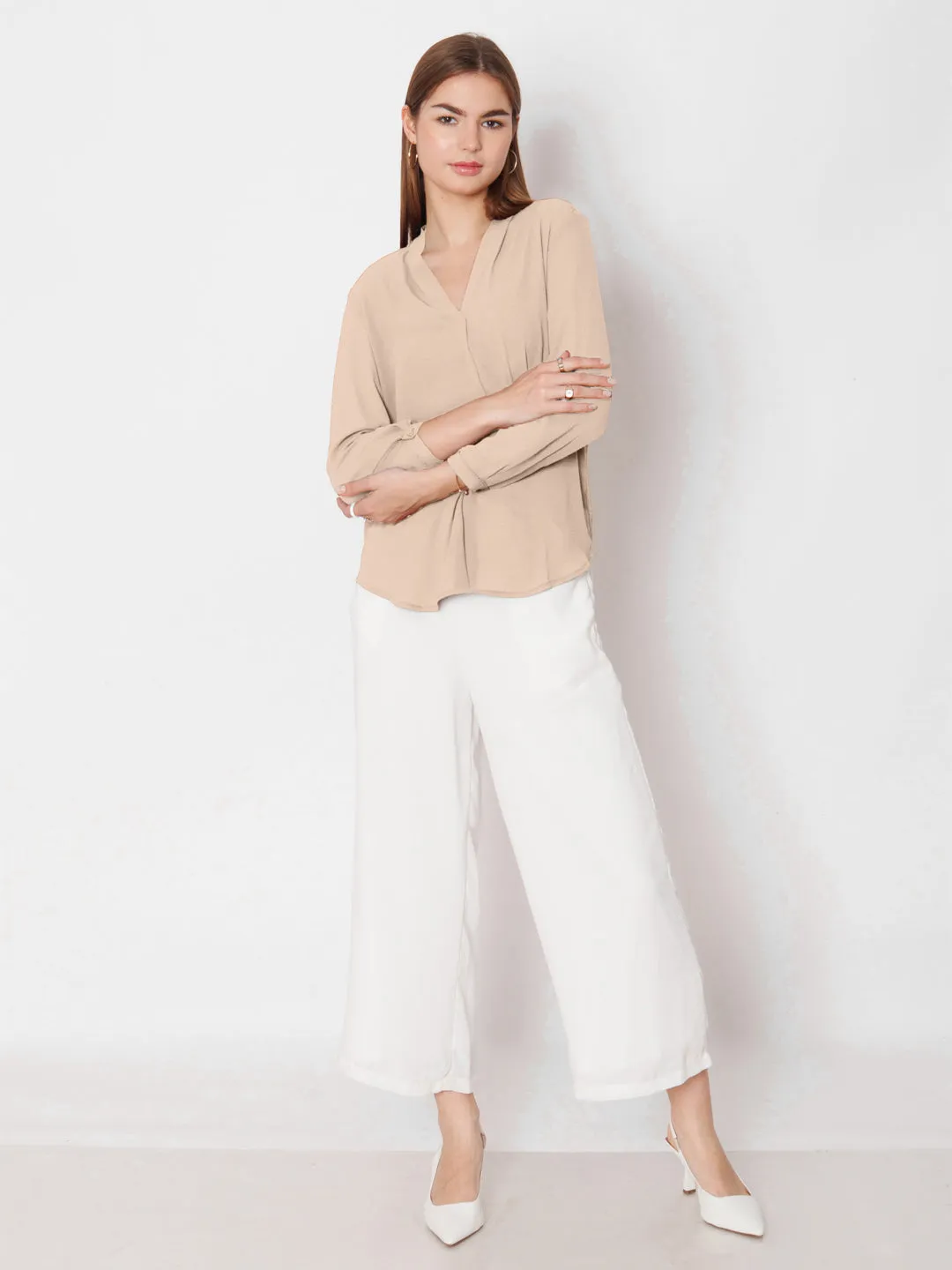 Cream Solid Straight Fit Top