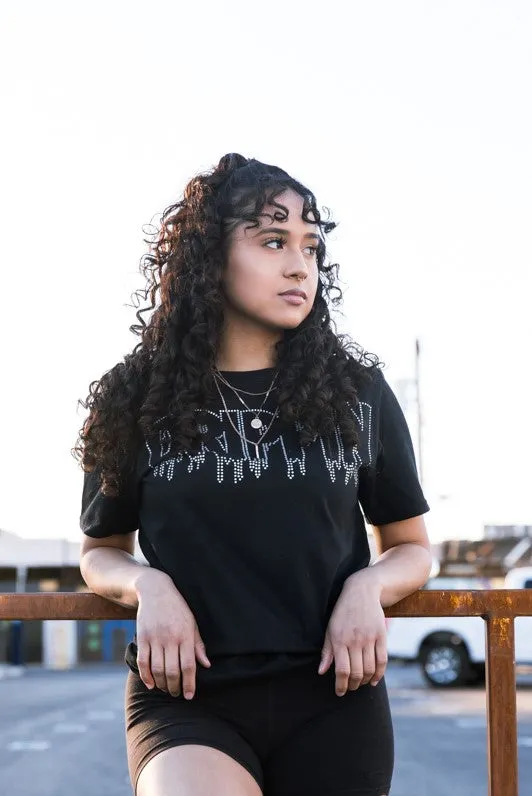 Crystal Clear Rhinestone Outline Drippin | Black Tee