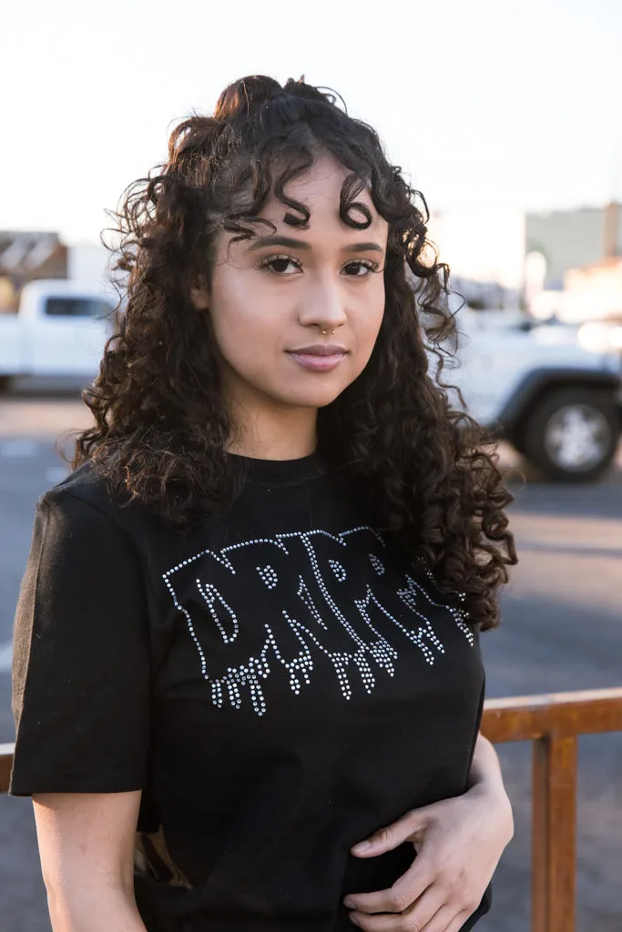 Crystal Clear Rhinestone Outline Drippin | Black Tee