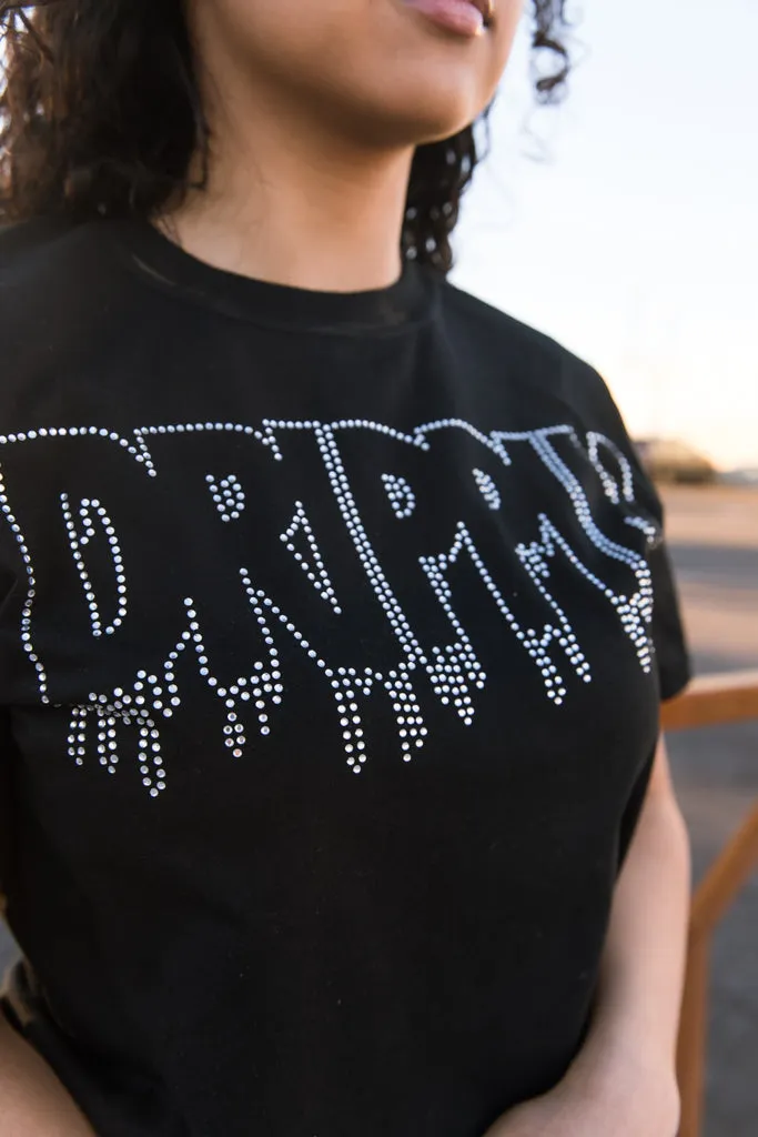 Crystal Clear Rhinestone Outline Drippin | Black Tee
