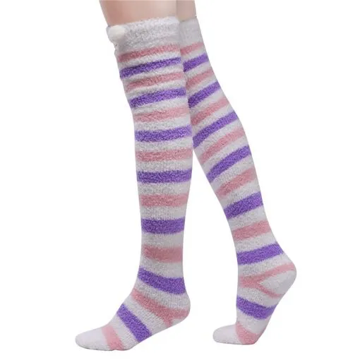 Cute Animal Coral Fleece Thigh High Socks 2 Pack- Sheep Color & Cat Yellow Set