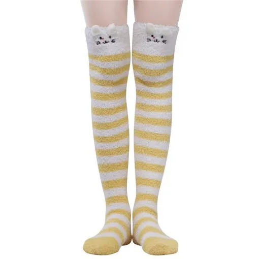 Cute Animal Coral Fleece Thigh High Socks 2 Pack- Sheep Color & Cat Yellow Set