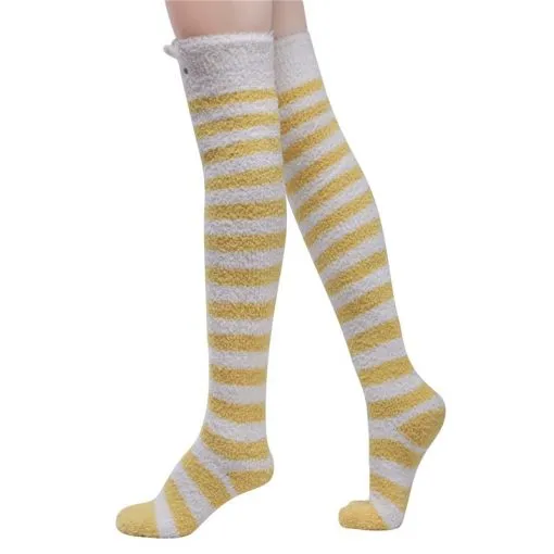Cute Animal Coral Fleece Thigh High Socks 2 Pack- Sheep Color & Cat Yellow Set