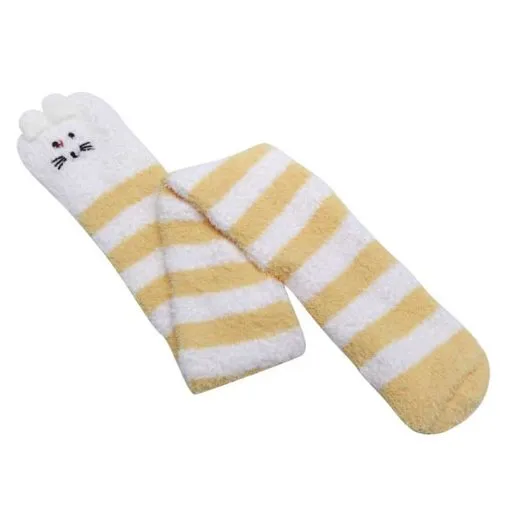 Cute Animal Coral Fleece Thigh High Socks 2 Pack- Sheep Color & Cat Yellow Set