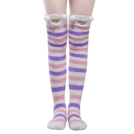 Cute Animal Coral Fleece Thigh High Socks 2 Pack- Sheep Color & Cat Yellow Set