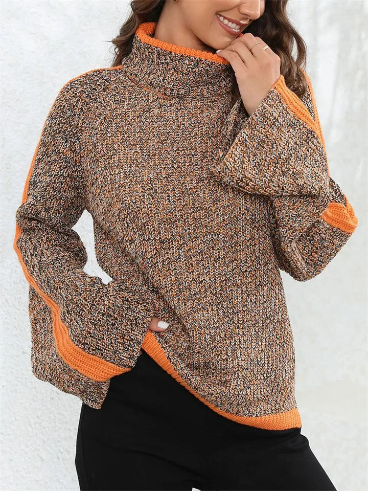 Cute Bell-Sleeve High Neck Pullover Contrast Color Comfy Lady Sweaters