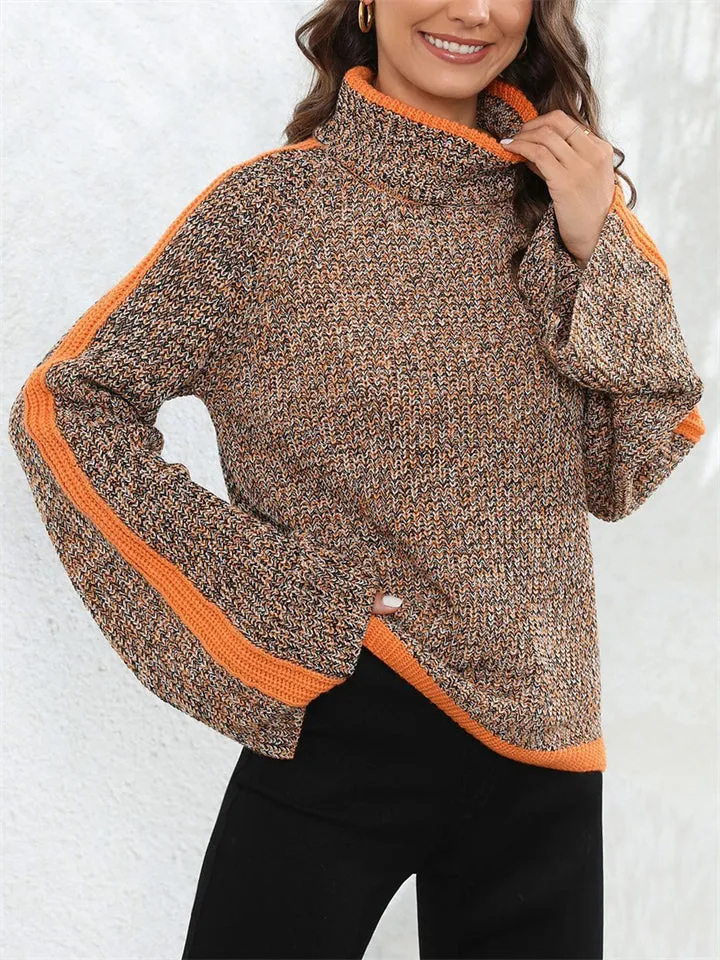 Cute Bell-Sleeve High Neck Pullover Contrast Color Comfy Lady Sweaters