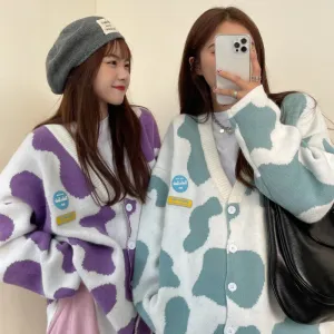 Cute Colors Cow Pattern Loose Cardigan Sweater