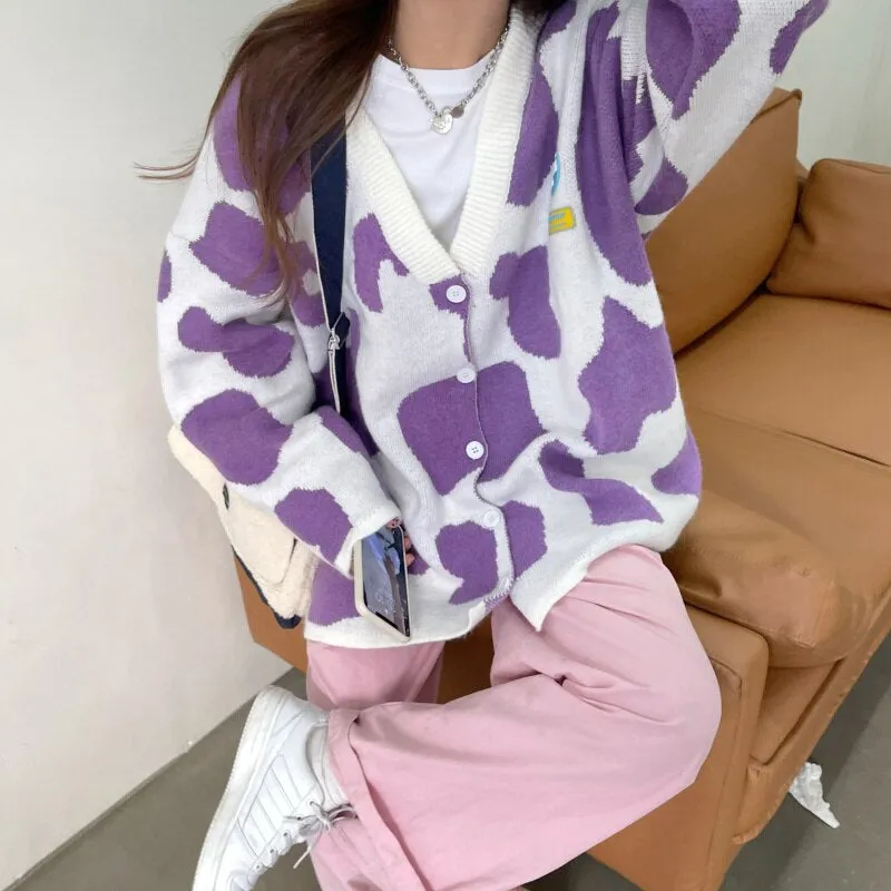 Cute Colors Cow Pattern Loose Cardigan Sweater