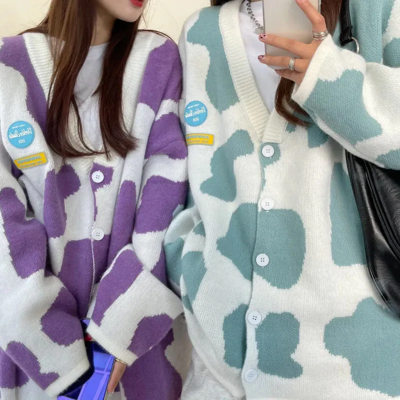 Cute Colors Cow Pattern Loose Cardigan Sweater