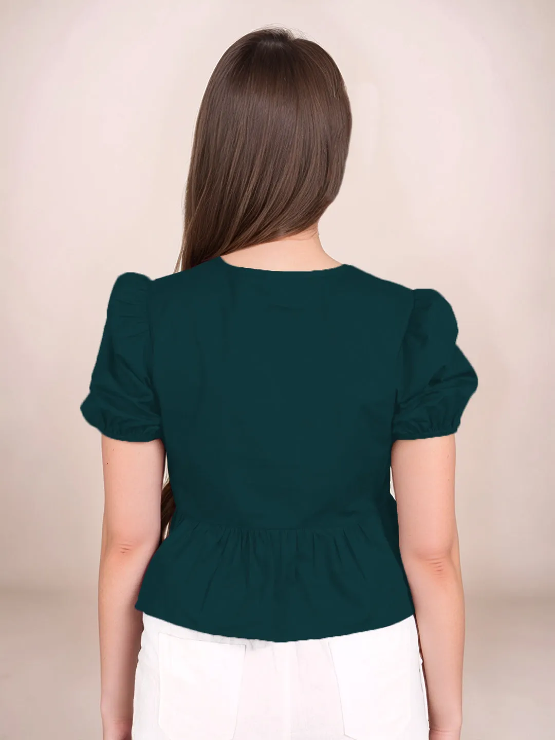 Dark Green Solid Short Sleeves Top