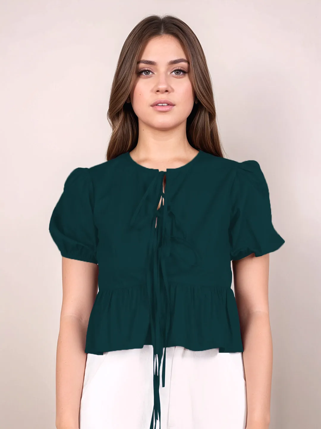 Dark Green Solid Short Sleeves Top
