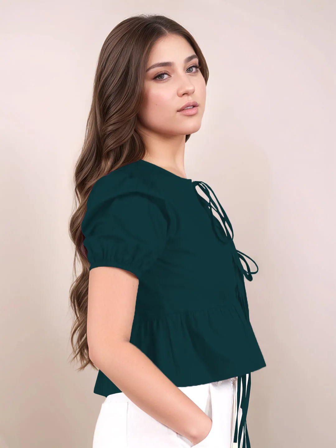 Dark Green Solid Short Sleeves Top