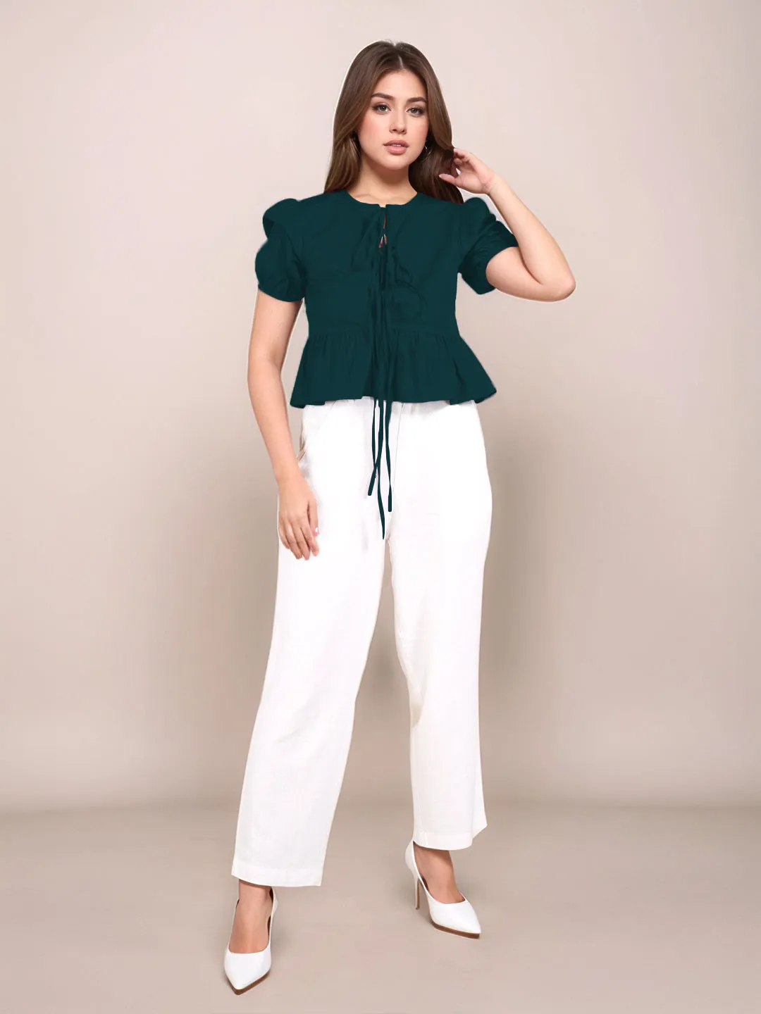 Dark Green Solid Short Sleeves Top