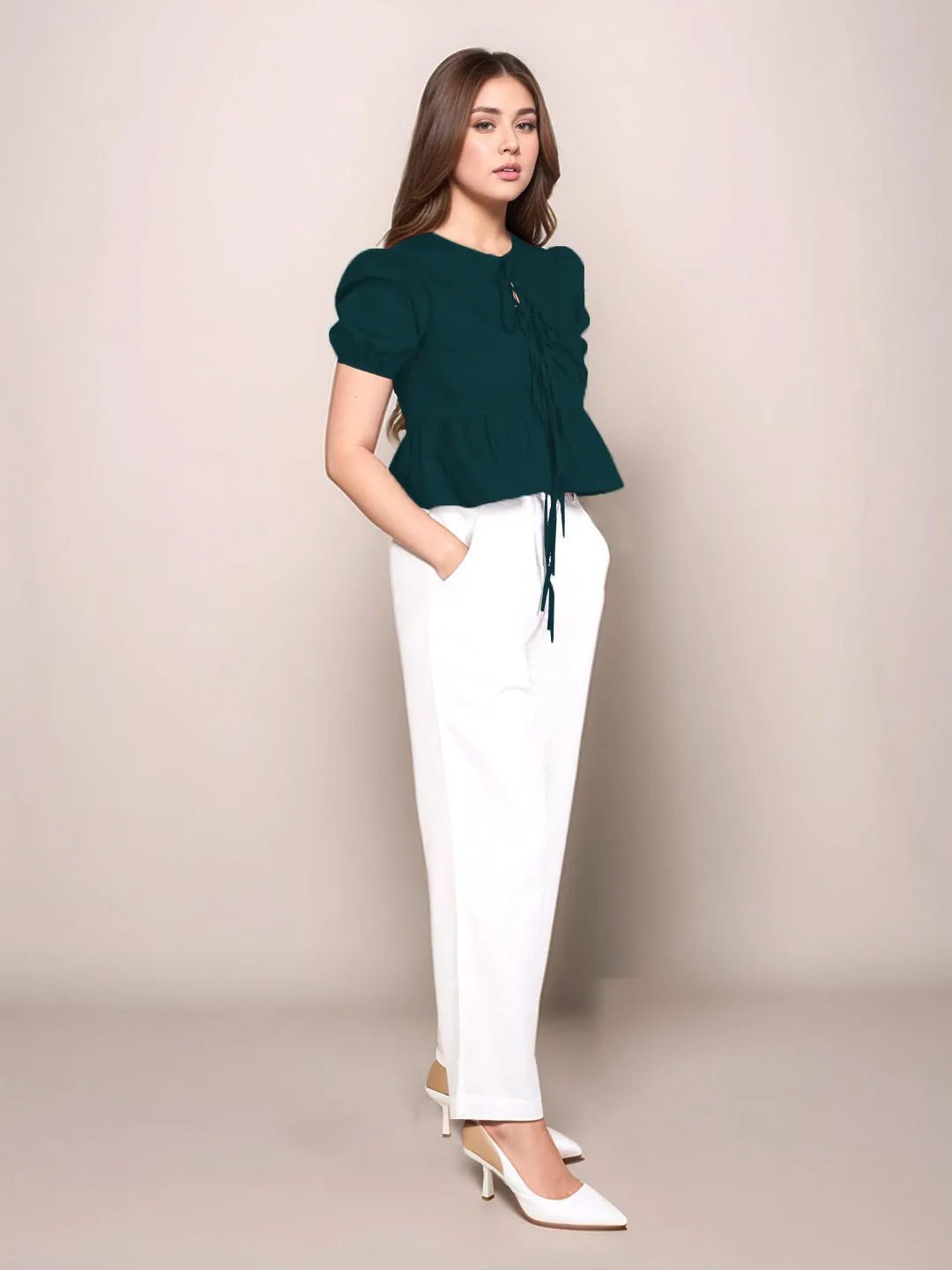 Dark Green Solid Short Sleeves Top