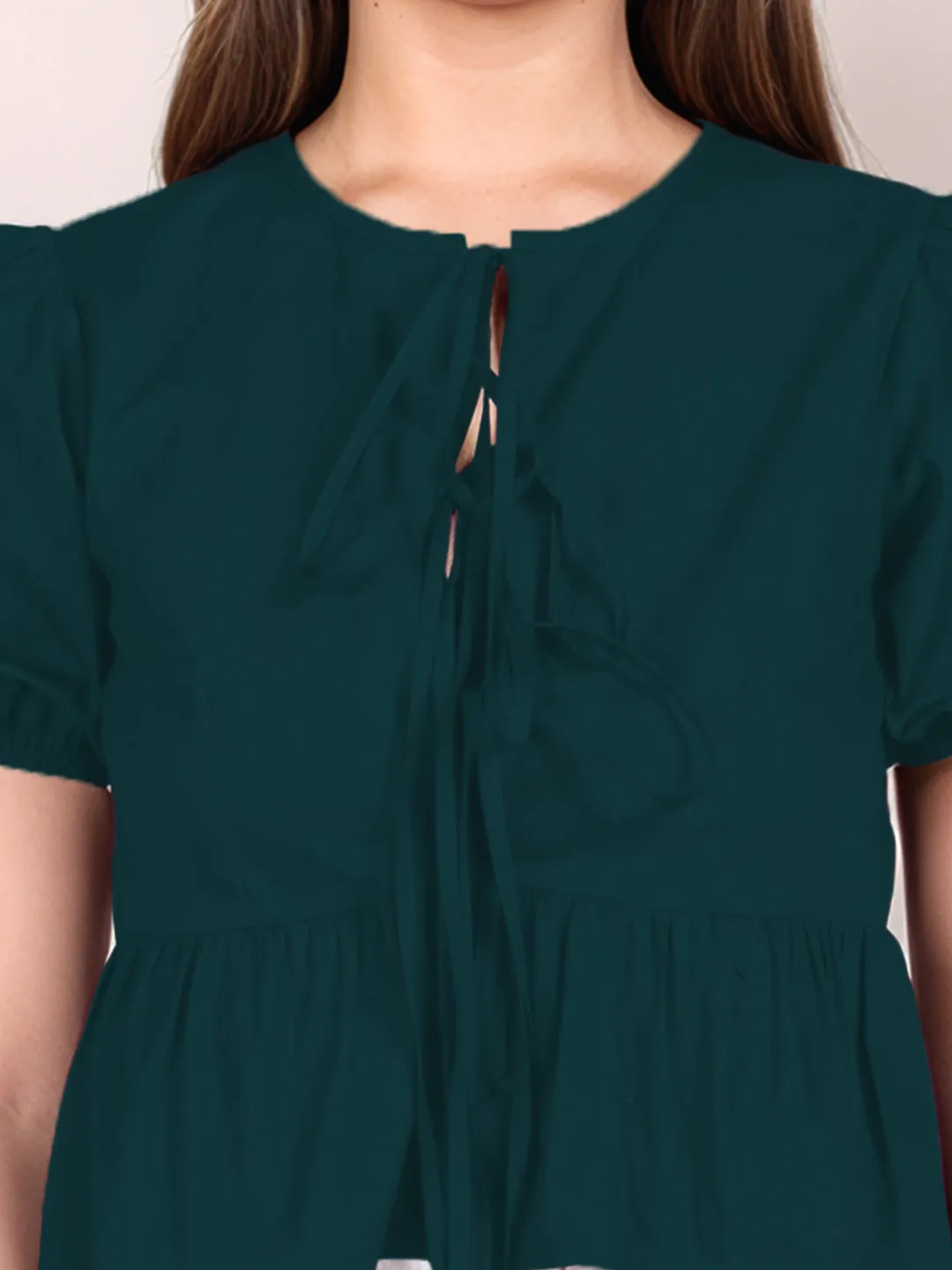 Dark Green Solid Short Sleeves Top