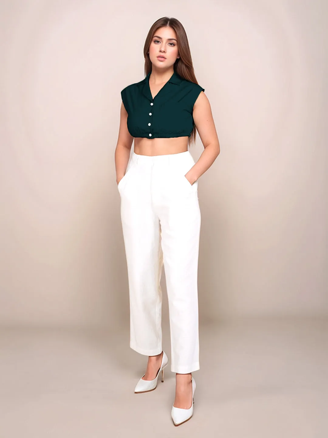 Dark Green Solid Sleeveless Crop Top