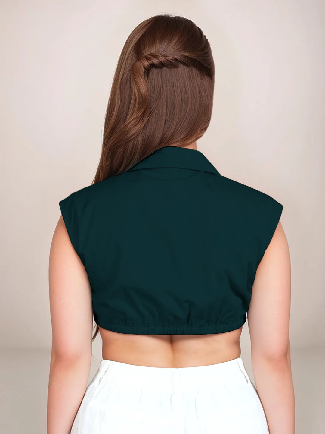 Dark Green Solid Sleeveless Crop Top