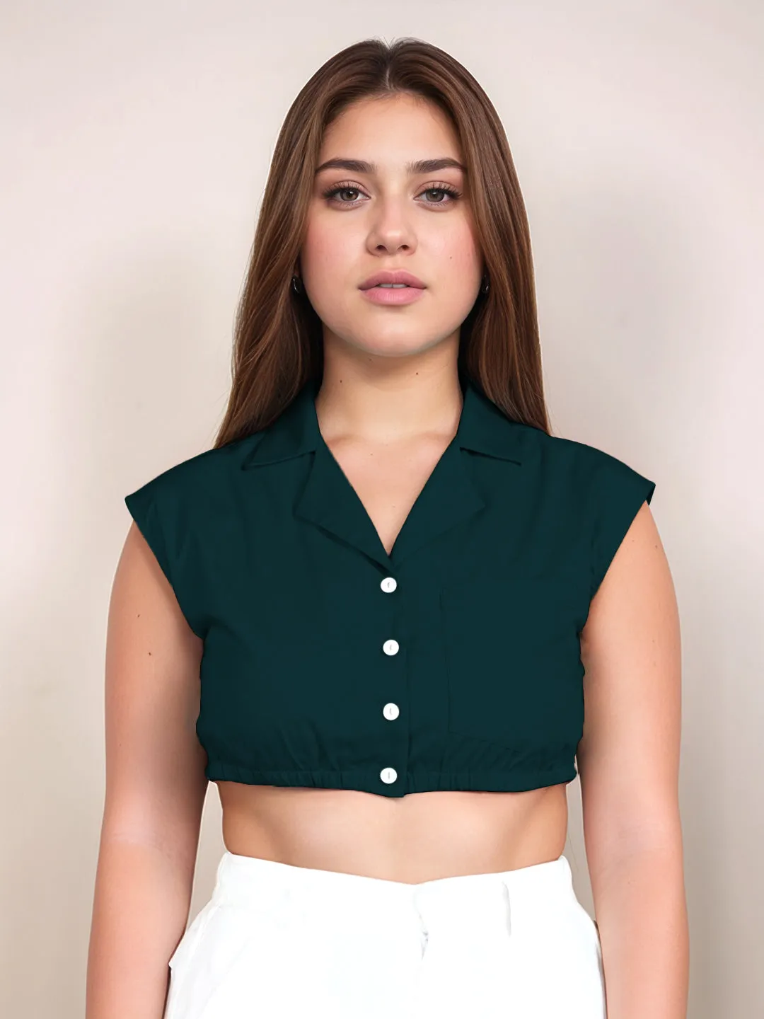 Dark Green Solid Sleeveless Crop Top
