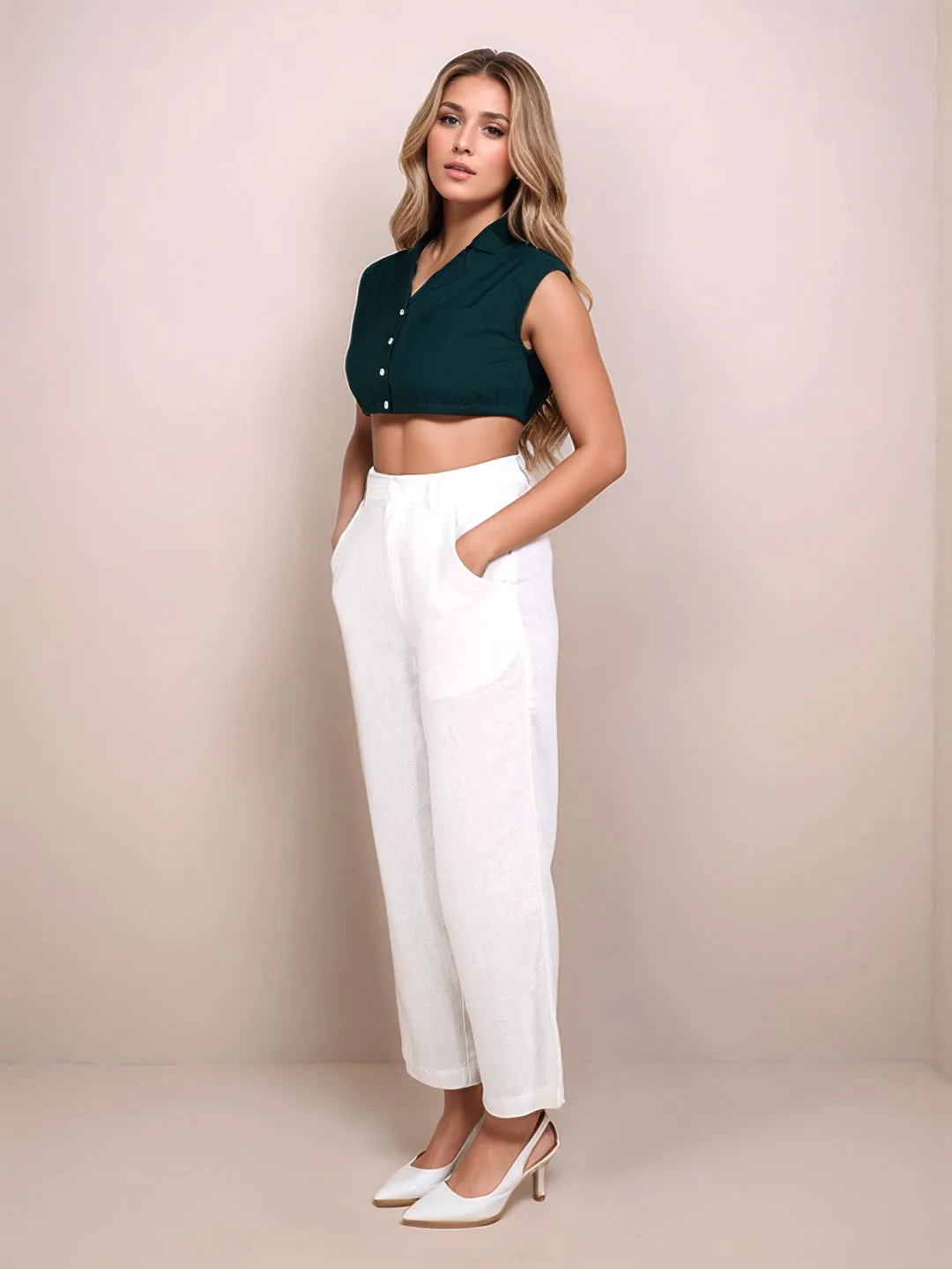 Dark Green Solid Sleeveless Crop Top
