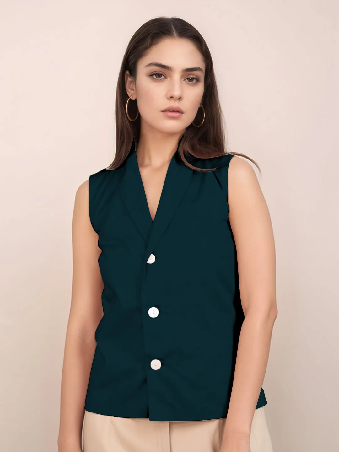 Dark Green Solid Sleeveless Top
