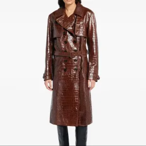 Dovie Crocodile-Effect Leather Trench Coat