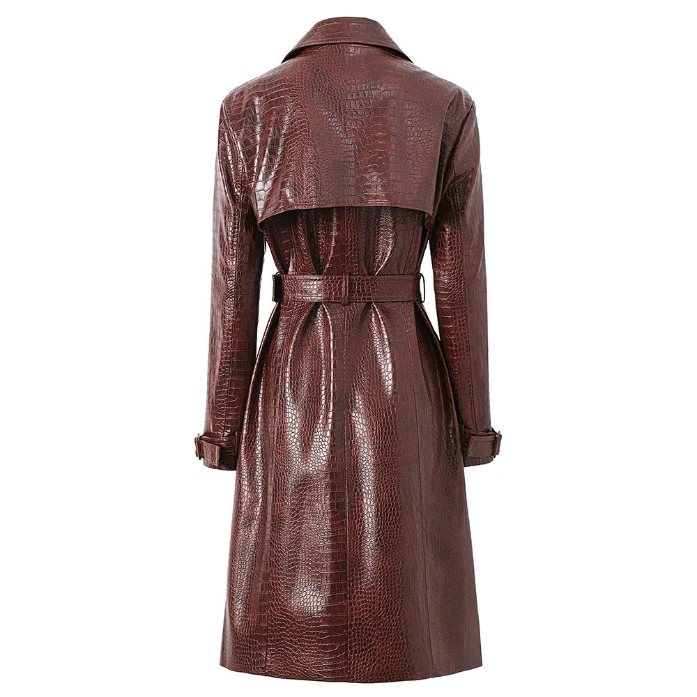 Dovie Crocodile-Effect Leather Trench Coat