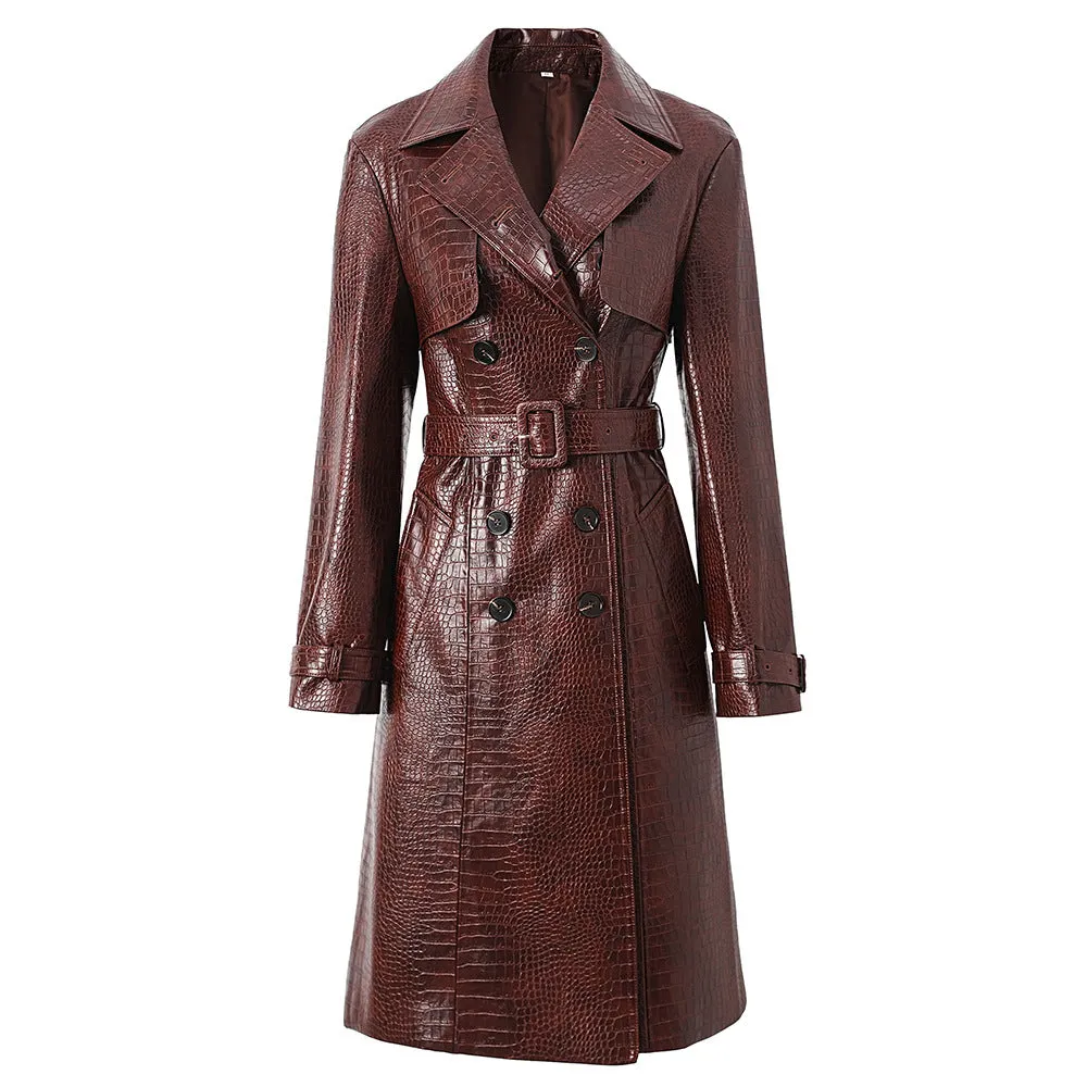 Dovie Crocodile-Effect Leather Trench Coat