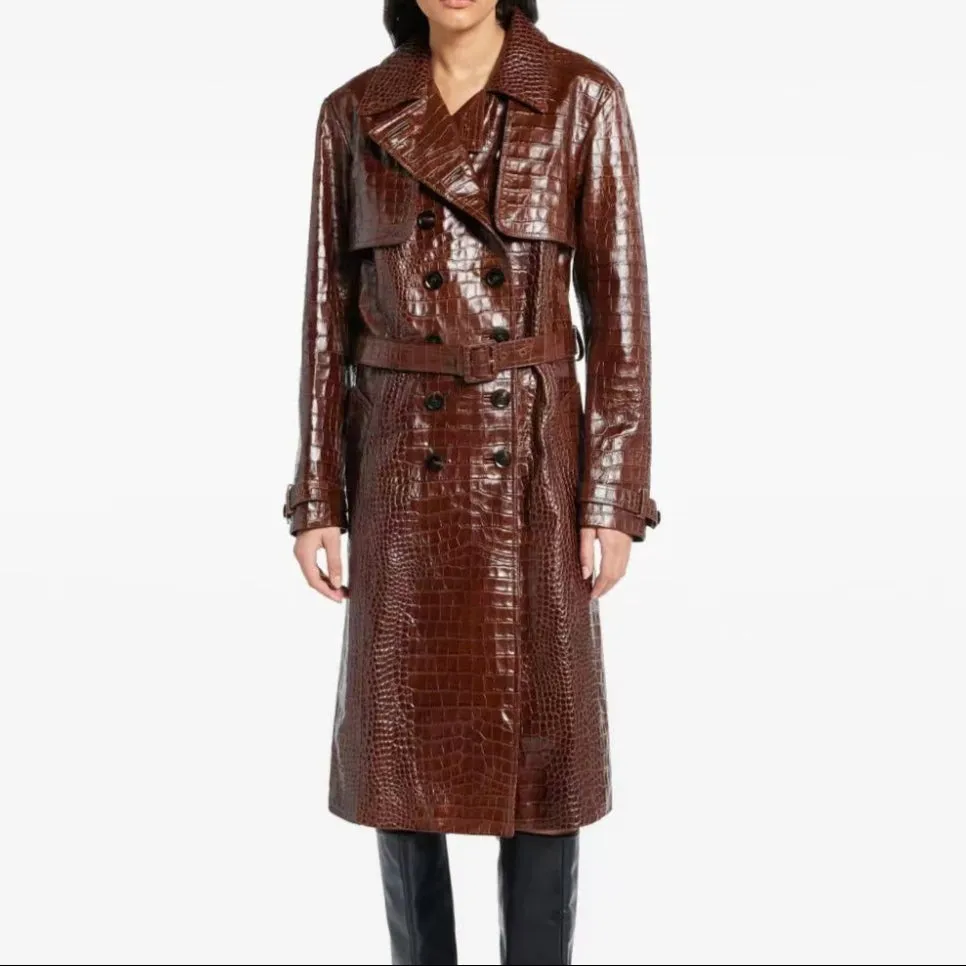 Dovie Crocodile-Effect Leather Trench Coat