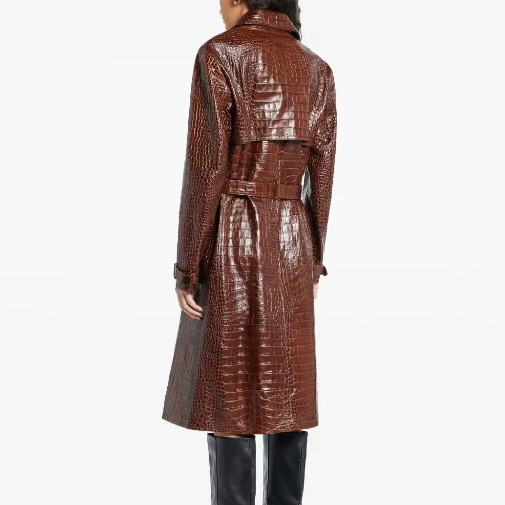 Dovie Crocodile-Effect Leather Trench Coat