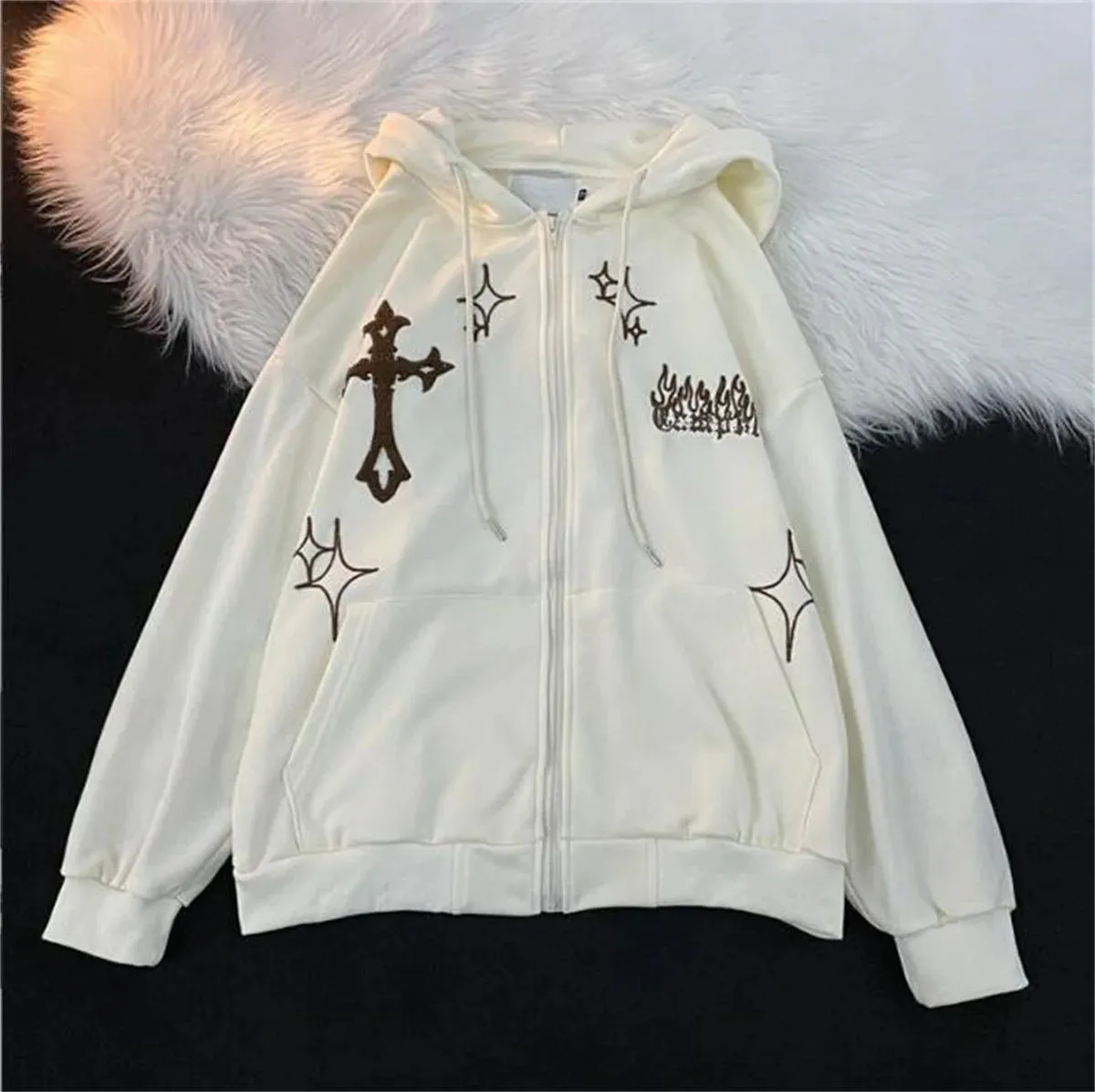 Embroidered Vintage Cardigan Jacket Autumn Winter Hip Hop Hoodie Men and Women Y2K Coat Goth High Street Retro Hoodies Loose Top