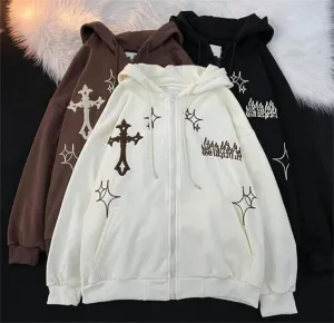 Embroidered Vintage Cardigan Jacket Autumn Winter Hip Hop Hoodie Men and Women Y2K Coat Goth High Street Retro Hoodies Loose Top
