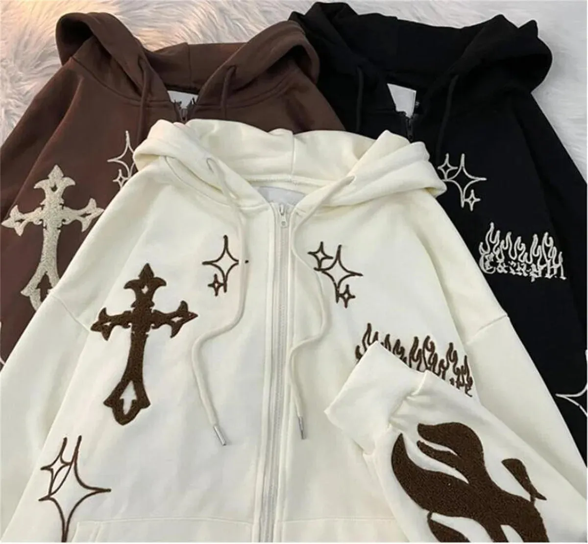 Embroidered Vintage Cardigan Jacket Autumn Winter Hip Hop Hoodie Men and Women Y2K Coat Goth High Street Retro Hoodies Loose Top