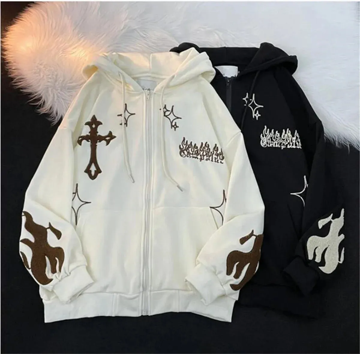 Embroidered Vintage Cardigan Jacket Autumn Winter Hip Hop Hoodie Men and Women Y2K Coat Goth High Street Retro Hoodies Loose Top