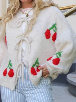 Everly Tied Cherry Round Neck Long Sleeve Cardigan
