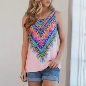 Fashion Digital Print Tank Tops For Women European Style Polyester Material T-Shirt