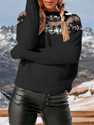 Female Retro Jacquard Contrast Color Knitwear Sweaters